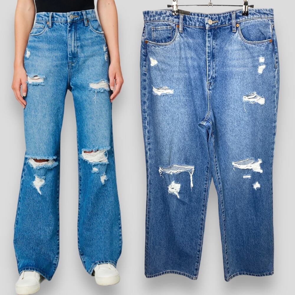 BLANKNYC JEANS 33 BLUE RIBCAGE WIDE LEG RIPPED BAGGY DISTRESSED CASUAL GRUNGE